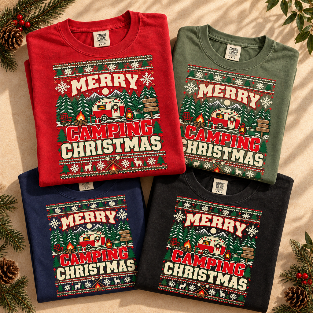 Merry Camping Christmas Graphic Tee — The Outpost Graphics product image
