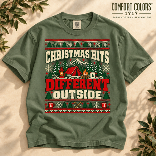 Christmas Hits Different Outside Shirt, Comfort Colors 1717, Camping Christmas Tee, Outdoor Holiday Shirt, Ugly Sweater Tee — The Outpost Graphics product image