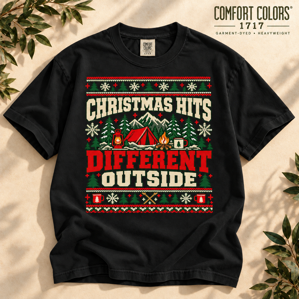 Christmas Hits Different Outside Shirt, Comfort Colors 1717, Camping Christmas Tee, Outdoor Holiday Shirt, Ugly Sweater Tee — The Outpost Graphics product image