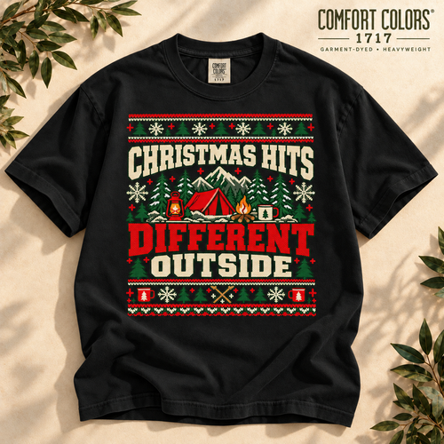 Christmas Hits Different Outside Shirt, Comfort Colors 1717, Camping Christmas Tee, Outdoor Holiday Shirt, Ugly Sweater Tee — The Outpost Graphics product image