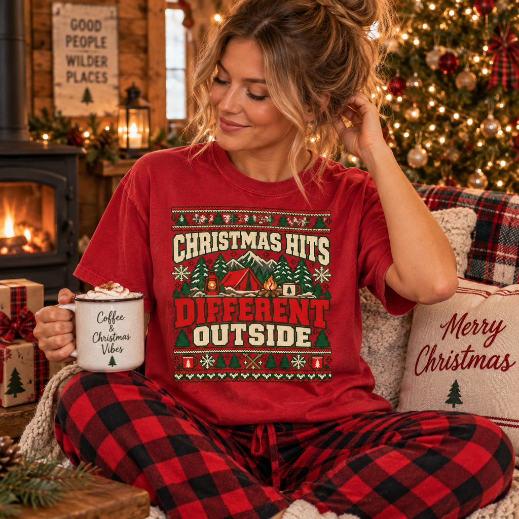 Christmas Hits Different Outside Shirt, Comfort Colors 1717, Camping Christmas Tee, Outdoor Holiday Shirt, Ugly Sweater Tee — The Outpost Graphics product image