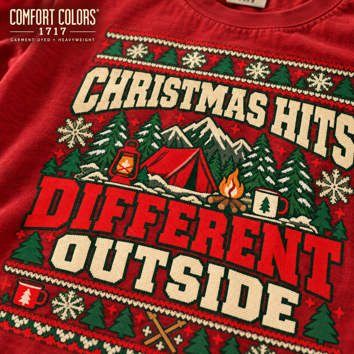 Christmas Hits Different Outside Shirt, Comfort Colors 1717, Camping Christmas Tee, Outdoor Holiday Shirt, Ugly Sweater Tee — The Outpost Graphics product image
