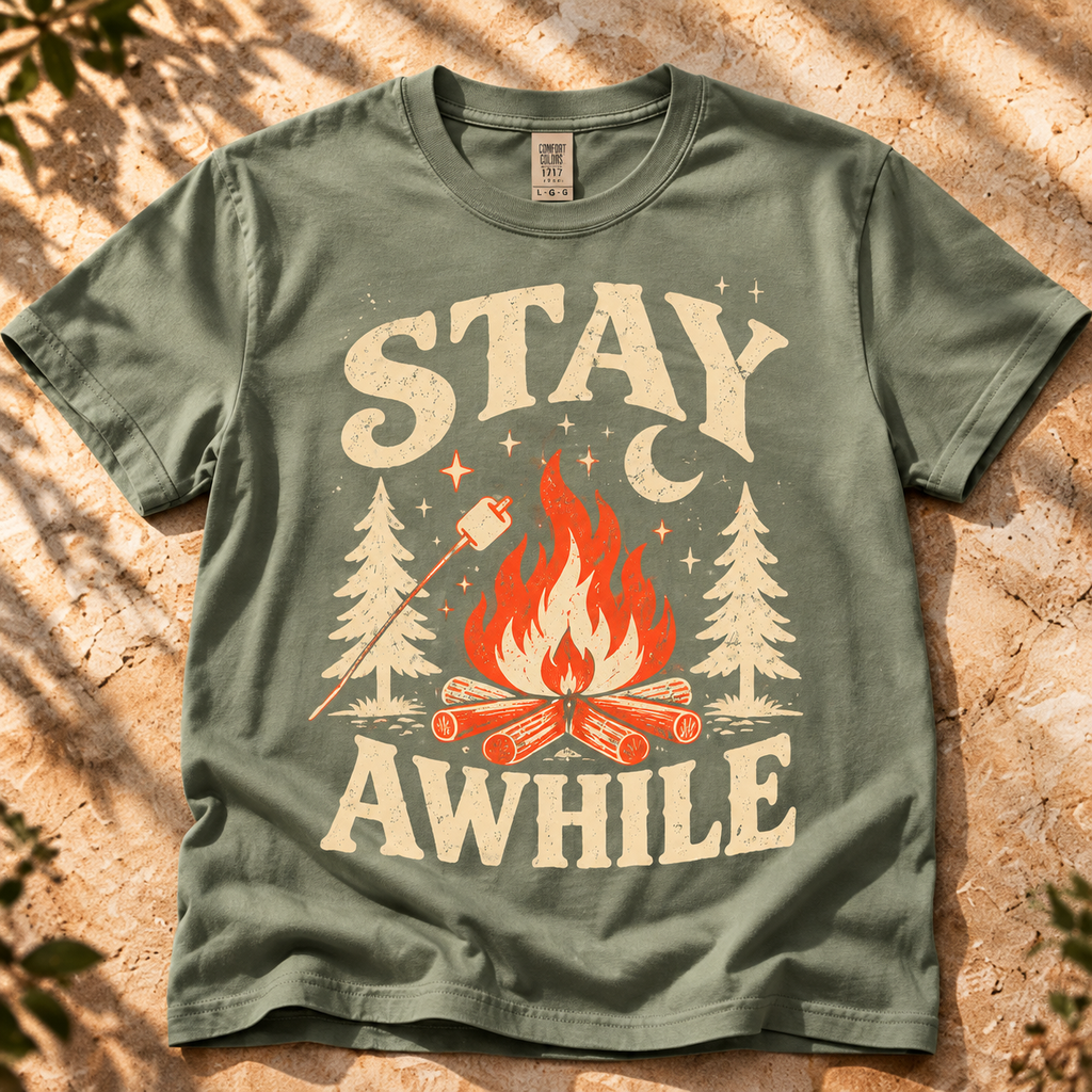 Stay Awhile Campfire T-Shirt — The Outpost Graphics product image