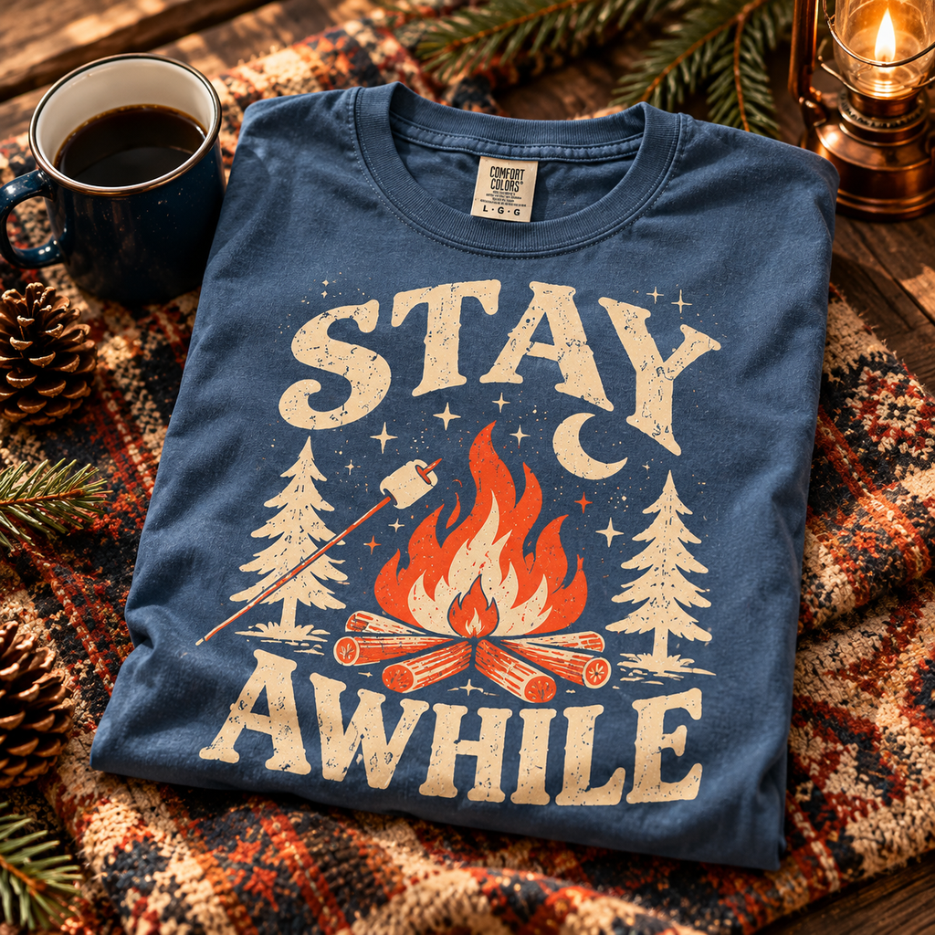 Stay Awhile Campfire T-Shirt — The Outpost Graphics product image