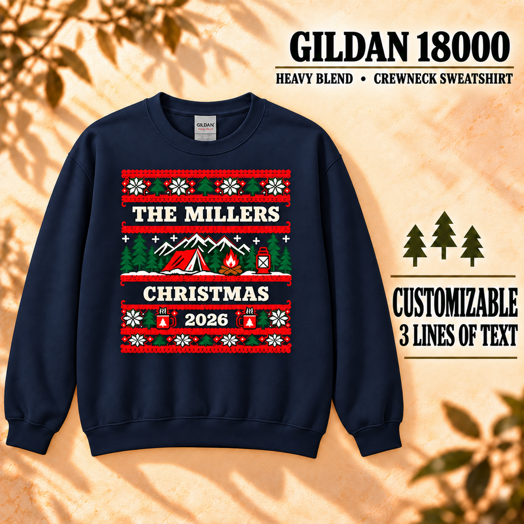 Personalized Camping Christmas Sweatshirt, Custom Family Holiday Crewneck, Gildan 18000 — The Outpost Graphics product image