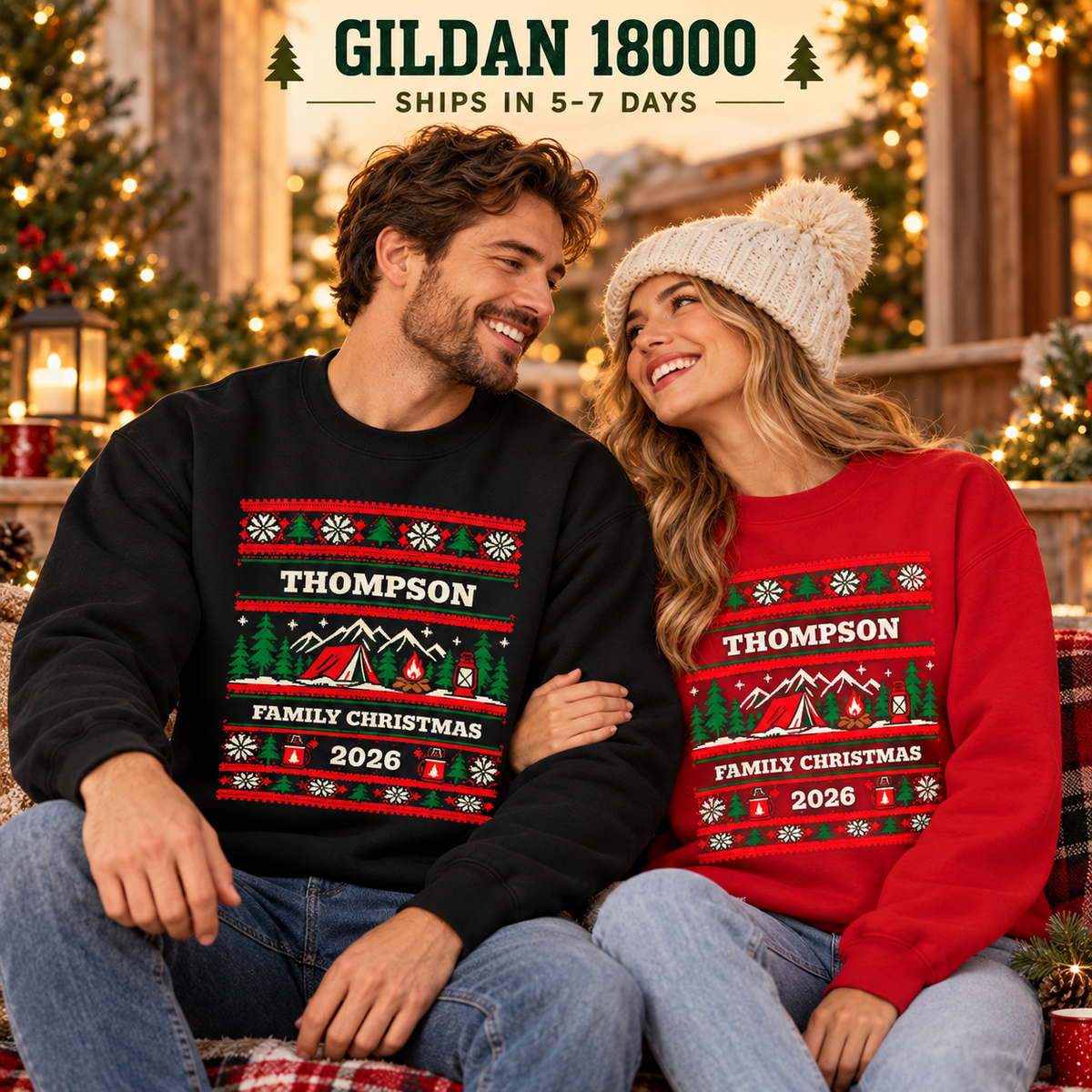 Personalized Camping Christmas Sweatshirt, Custom Family Holiday Crewneck, Gildan 18000 — The Outpost Graphics product image