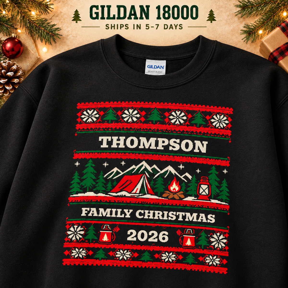 Personalized Camping Christmas Sweatshirt, Custom Family Holiday Crewneck, Gildan 18000 — The Outpost Graphics product image