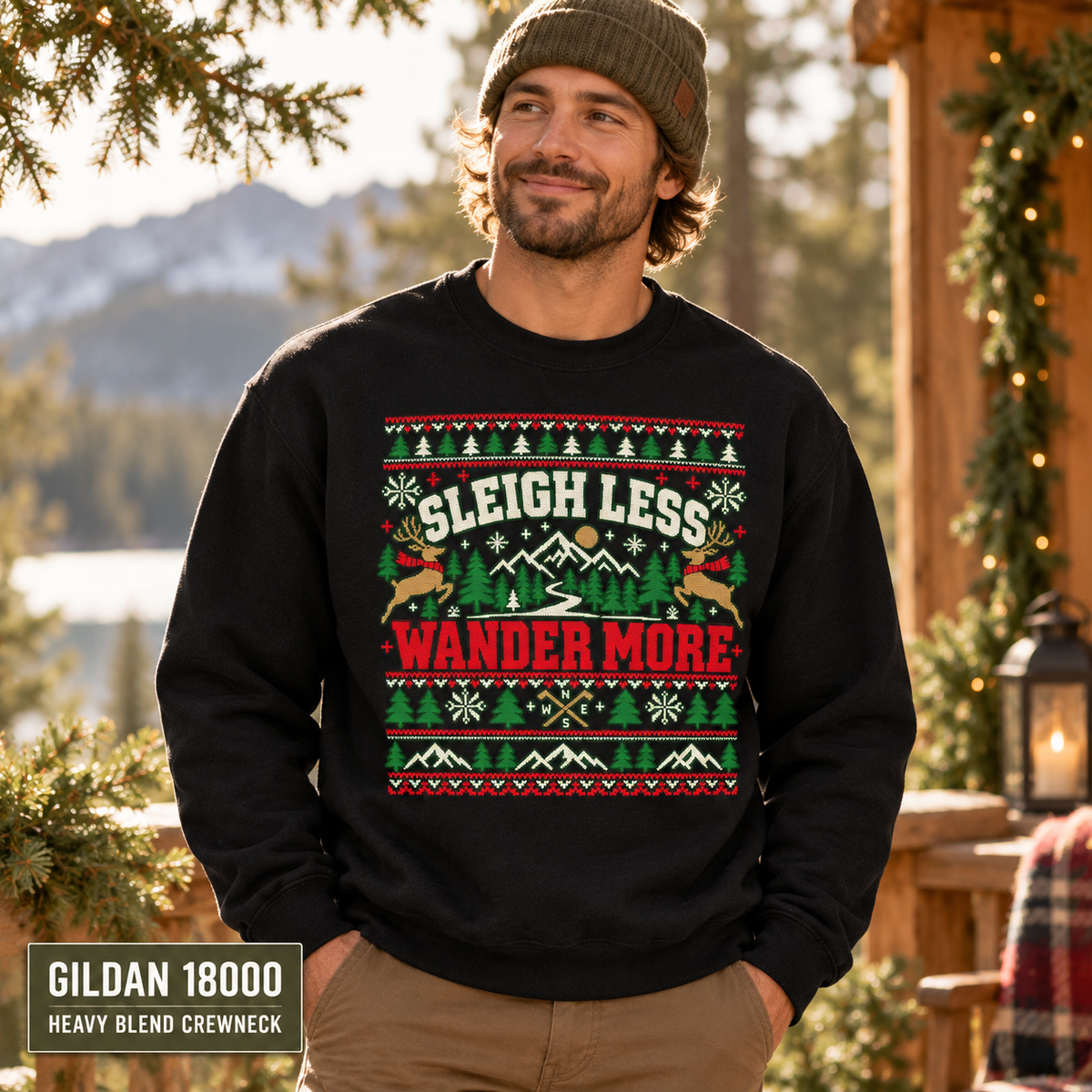 Sleigh Less Wander More Sweatshirt, Christmas Camping Crewneck, Gildan 18000 Holiday Outdoor Sweatshirt — The Outpost Graphics product image