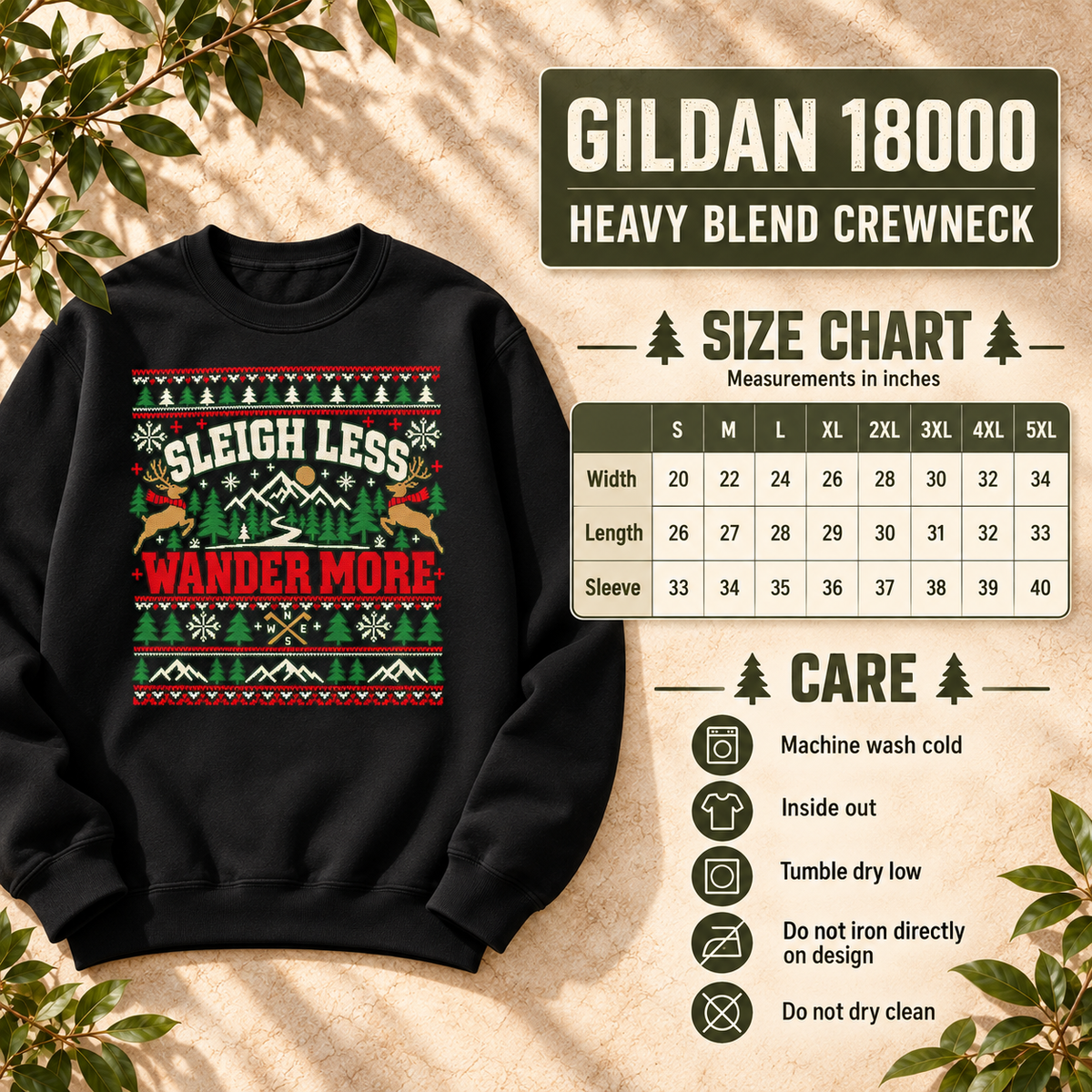 Sleigh Less Wander More Sweatshirt, Christmas Camping Crewneck, Gildan 18000 Holiday Outdoor Sweatshirt — The Outpost Graphics product image