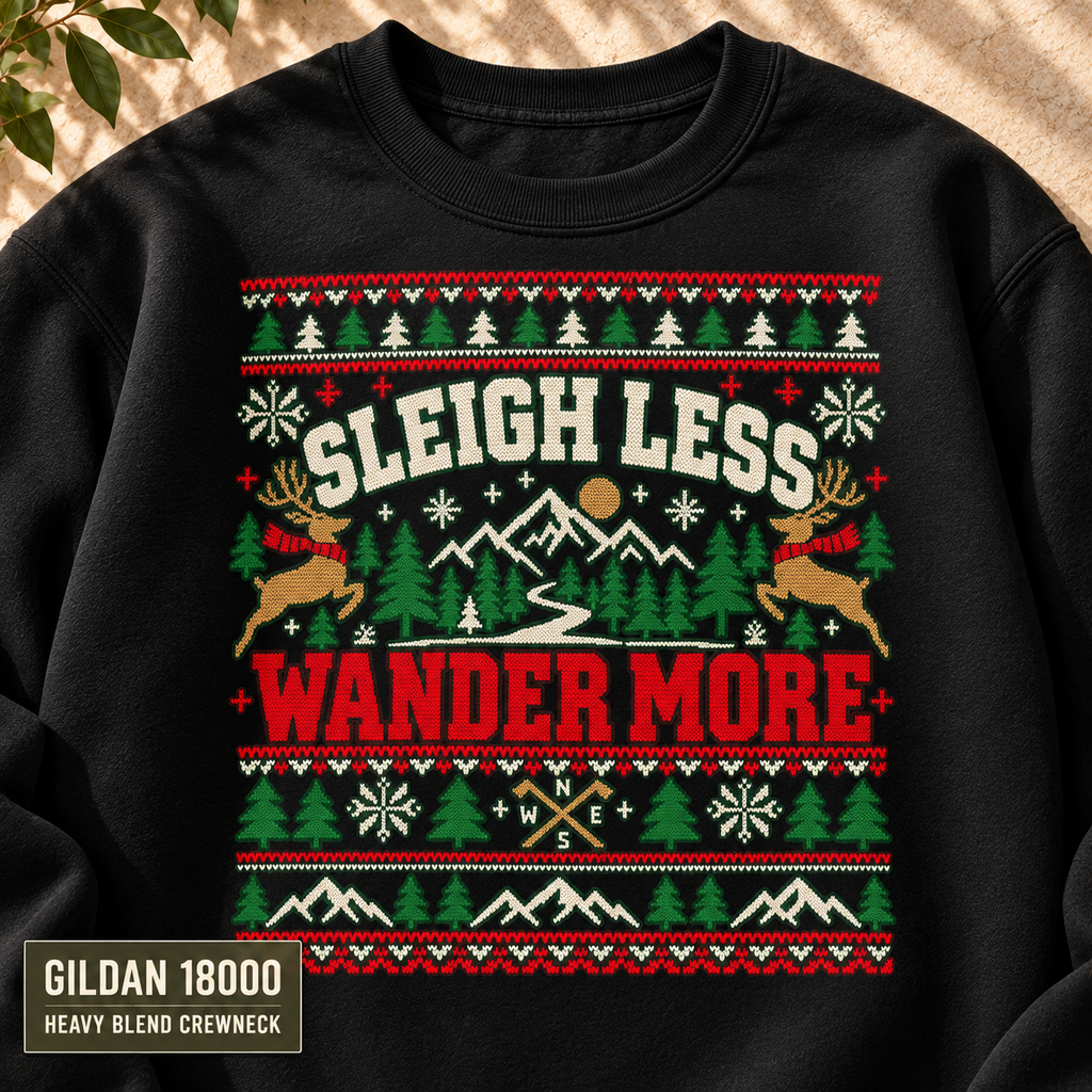 Sleigh Less Wander More Sweatshirt, Christmas Camping Crewneck, Gildan 18000 Holiday Outdoor Sweatshirt — The Outpost Graphics product image