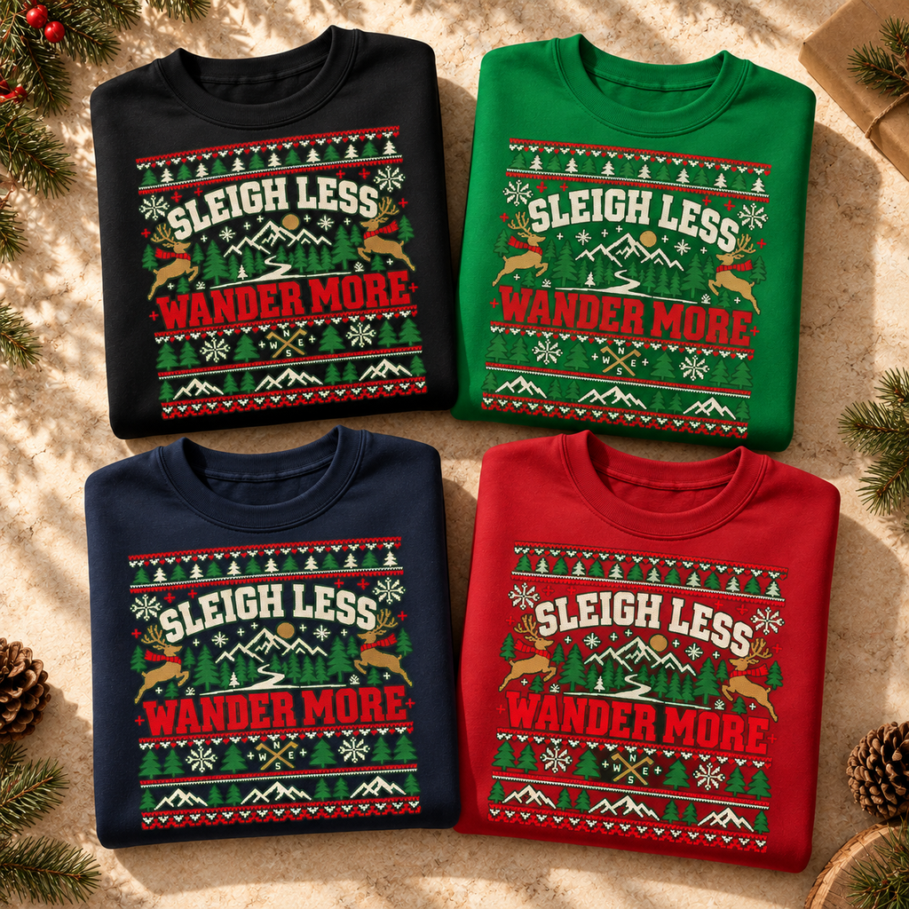 Sleigh Less Wander More Sweatshirt, Christmas Camping Crewneck, Gildan 18000 Holiday Outdoor Sweatshirt — The Outpost Graphics product image