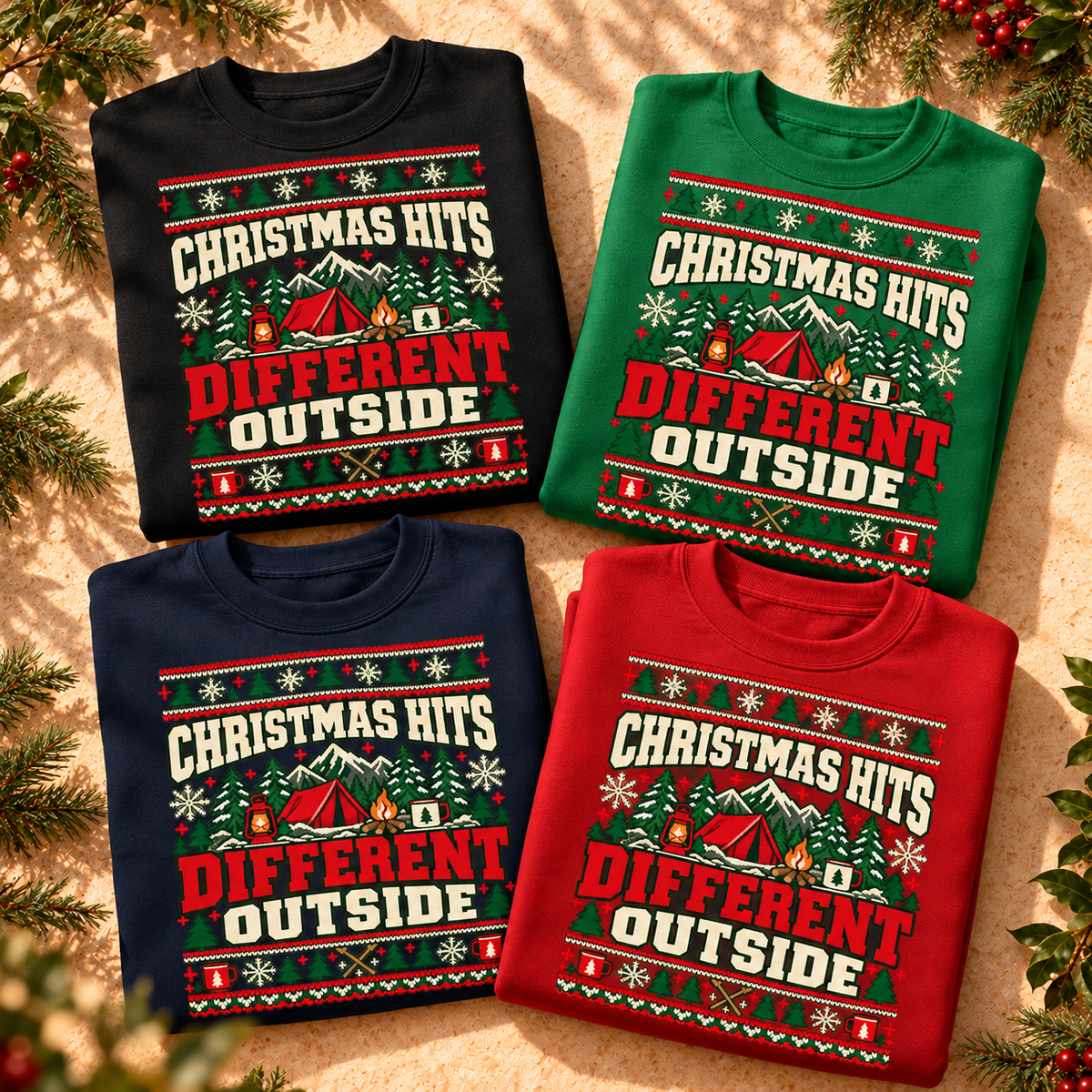 Christmas Hits Different Outside Sweatshirt, Camping Christmas Crewneck, Gildan 18000 — The Outpost Graphics product image