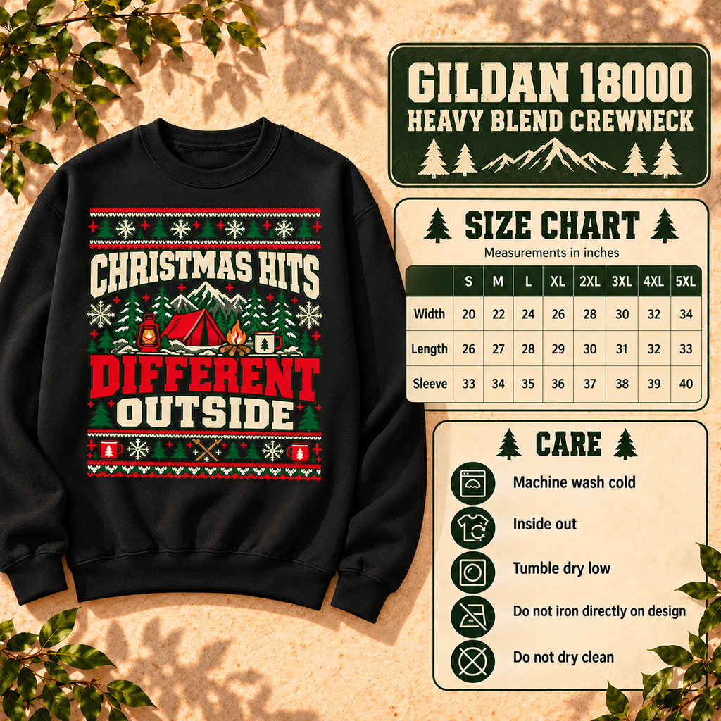 Christmas Hits Different Outside Sweatshirt, Camping Christmas Crewneck, Gildan 18000 — The Outpost Graphics product image