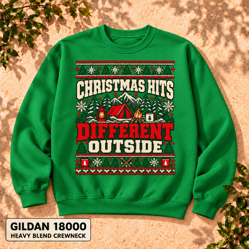 Christmas Hits Different Outside Sweatshirt, Camping Christmas Crewneck, Gildan 18000 — The Outpost Graphics product image