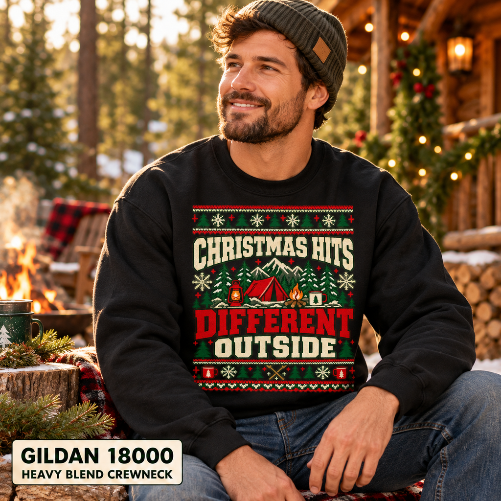 Christmas Hits Different Outside Sweatshirt, Camping Christmas Crewneck, Gildan 18000 — The Outpost Graphics product image