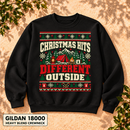 Christmas Hits Different Outside Sweatshirt, Camping Christmas Crewneck, Gildan 18000 — The Outpost Graphics product image