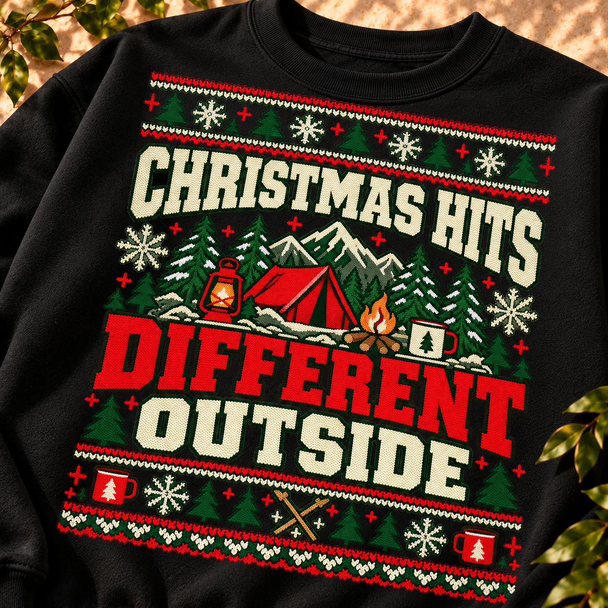 Christmas Hits Different Outside Sweatshirt, Camping Christmas Crewneck, Gildan 18000 — The Outpost Graphics product image