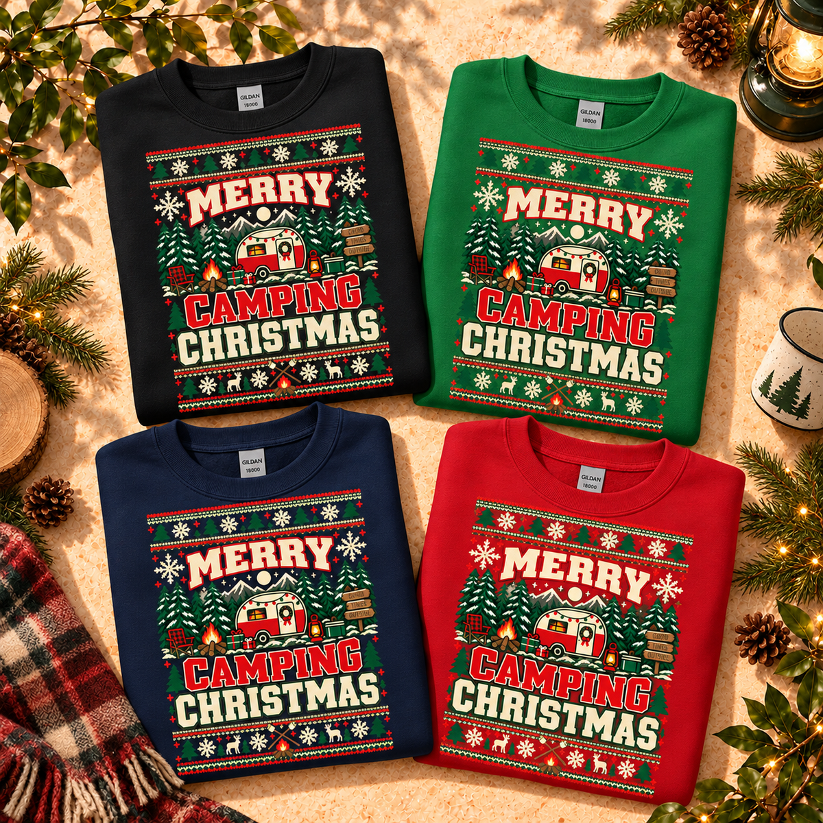 Merry Camping Christmas Sweatshirt, Retro Camper Christmas Crewneck, Gildan 18000 Holiday Camping Sweatshirt — The Outpost Graphics product image
