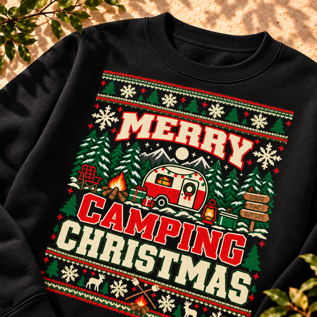 Merry Camping Christmas Sweatshirt, Retro Camper Christmas Crewneck, Gildan 18000 Holiday Camping Sweatshirt — The Outpost Graphics product image
