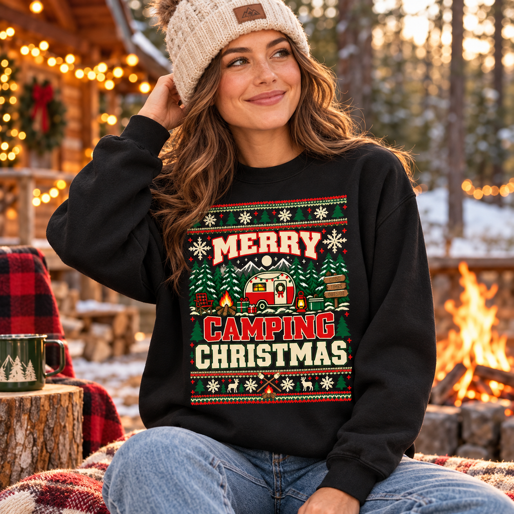 Merry Camping Christmas Sweatshirt, Retro Camper Christmas Crewneck, Gildan 18000 Holiday Camping Sweatshirt — The Outpost Graphics product image