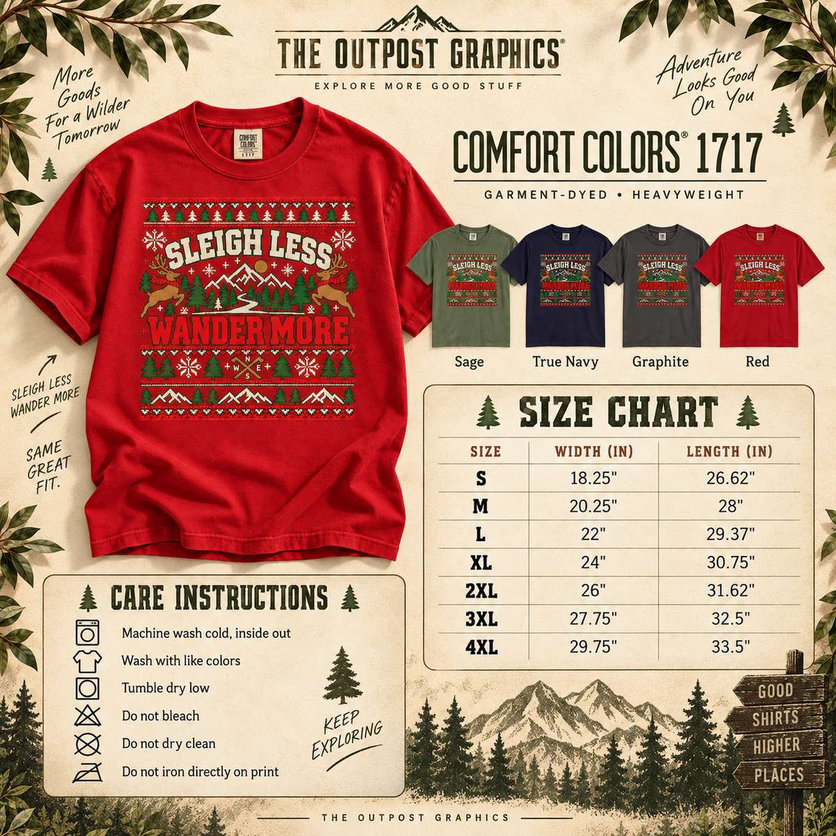 Sleigh Less Wander More Christmas T-Shirt, Outdoor Holiday Camping Tee, Comfort Colors 1717 — The Outpost Graphics product image