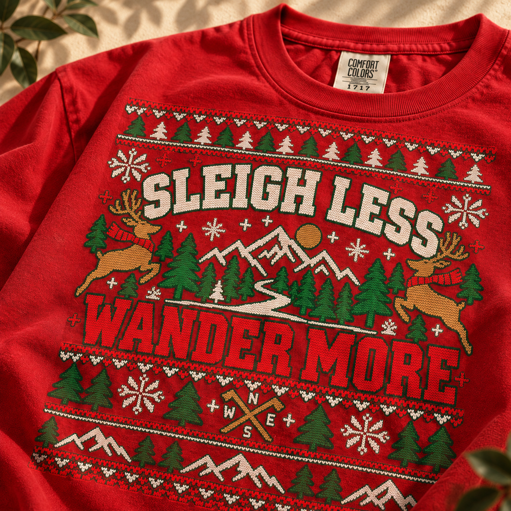 Sleigh Less Wander More Christmas T-Shirt, Outdoor Holiday Camping Tee, Comfort Colors 1717 — The Outpost Graphics product image