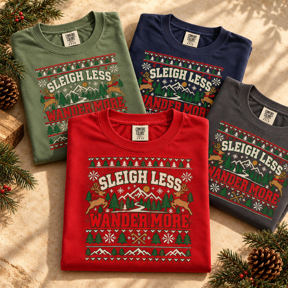 Sleigh Less Wander More Christmas T-Shirt, Outdoor Holiday Camping Tee, Comfort Colors 1717 — The Outpost Graphics product image