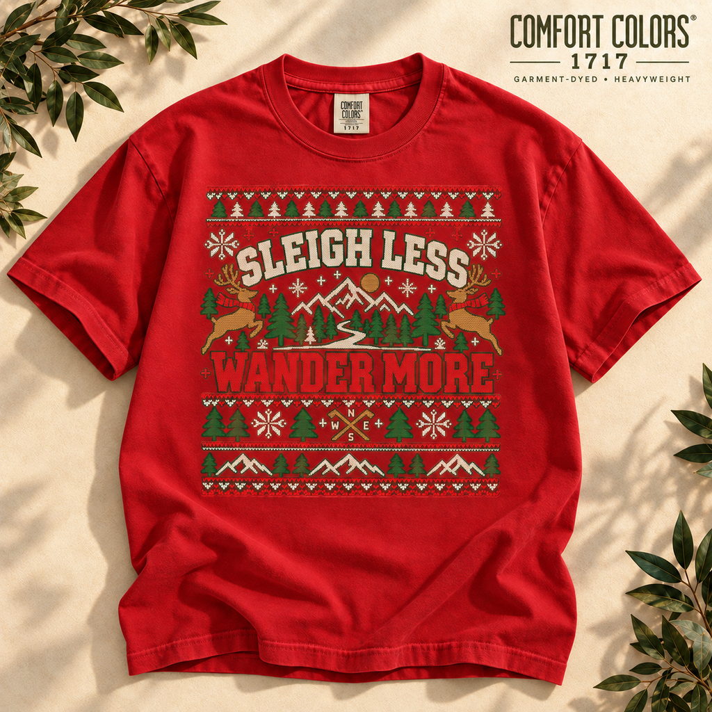Sleigh Less Wander More Christmas T-Shirt, Outdoor Holiday Camping Tee, Comfort Colors 1717 — The Outpost Graphics product image