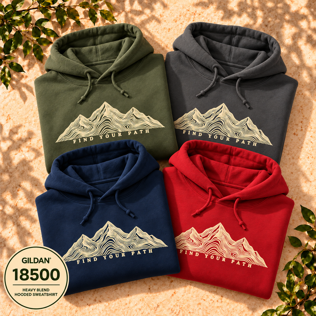 Find Your Path mountain hoodie by The Outpost Graphics, Gildan 18500 product listing image