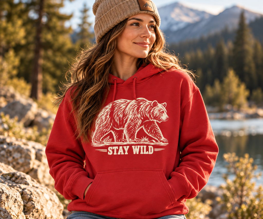 Stay Wild Bear Hoodie, vintage walking bear artwork, Gildan 18500 — The Outpost Graphics product image
