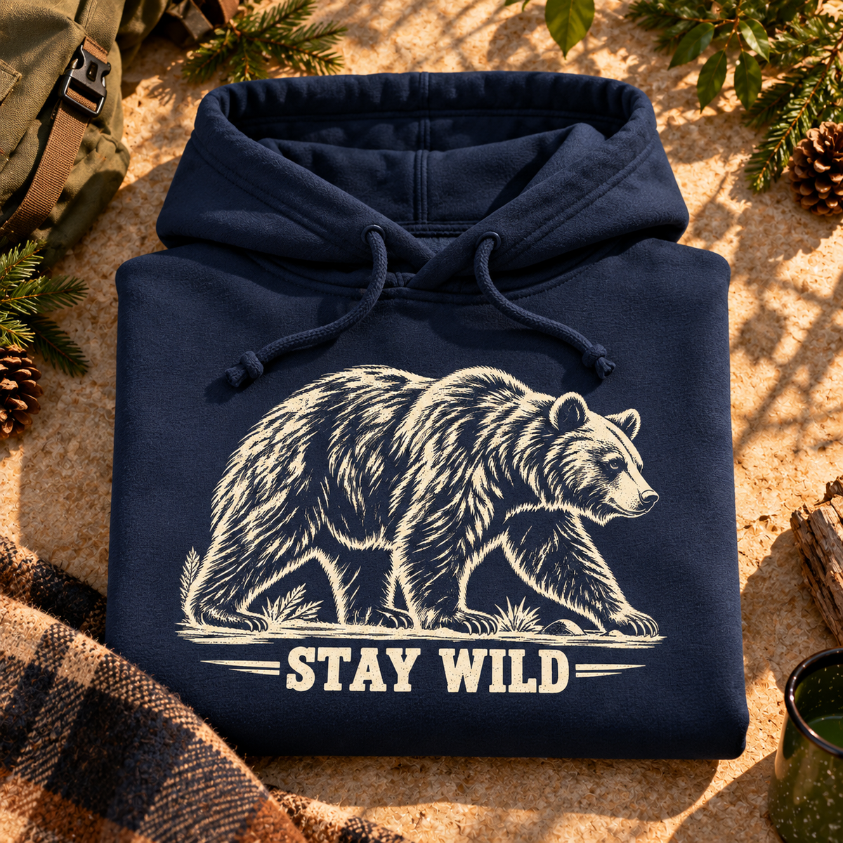 Stay Wild Bear Hoodie, vintage walking bear artwork, Gildan 18500 — The Outpost Graphics product image