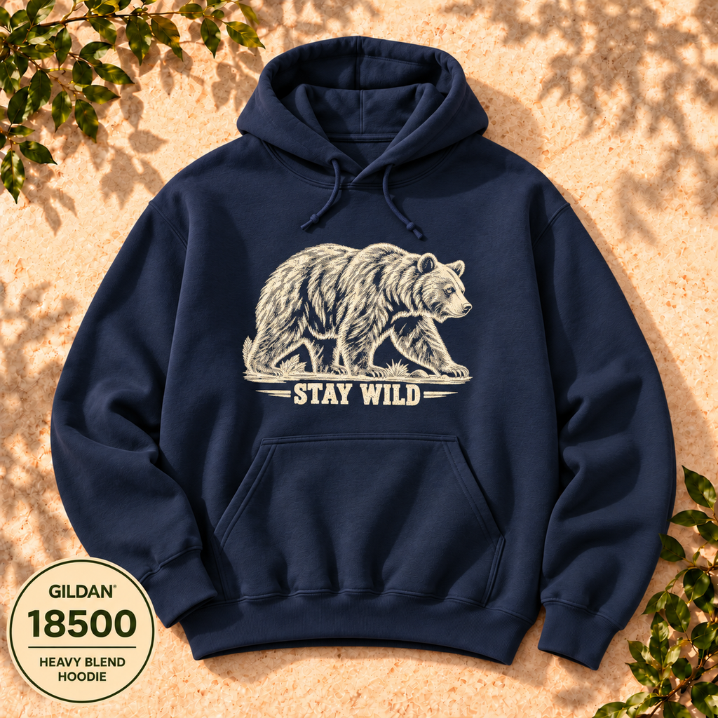 Stay Wild Bear Hoodie, vintage walking bear artwork, Gildan 18500 — The Outpost Graphics product image