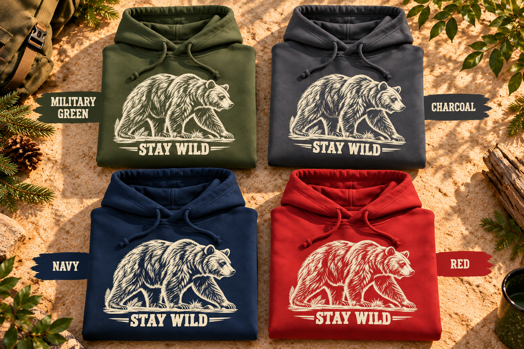 Stay Wild Bear Hoodie, vintage walking bear artwork, Gildan 18500 — The Outpost Graphics product image