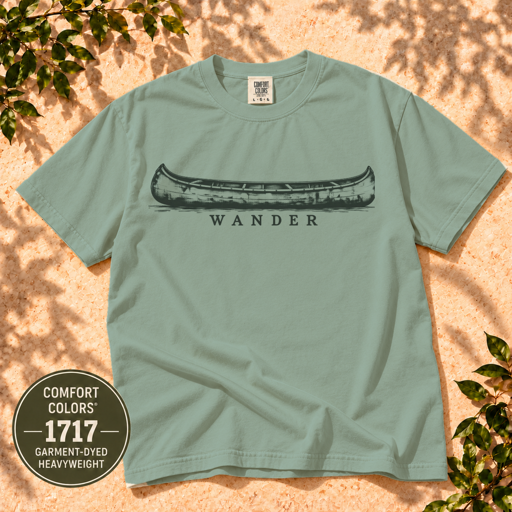 Wander Canoe Tee with distressed canoe print on Comfort Colors 1717 shirt