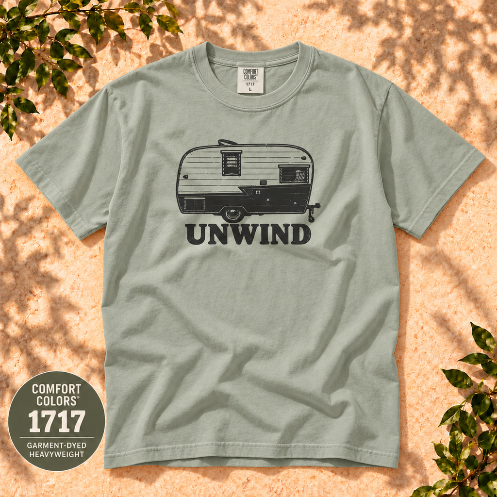 Unwind Camper Tee with vintage trailer print – product and color view 2